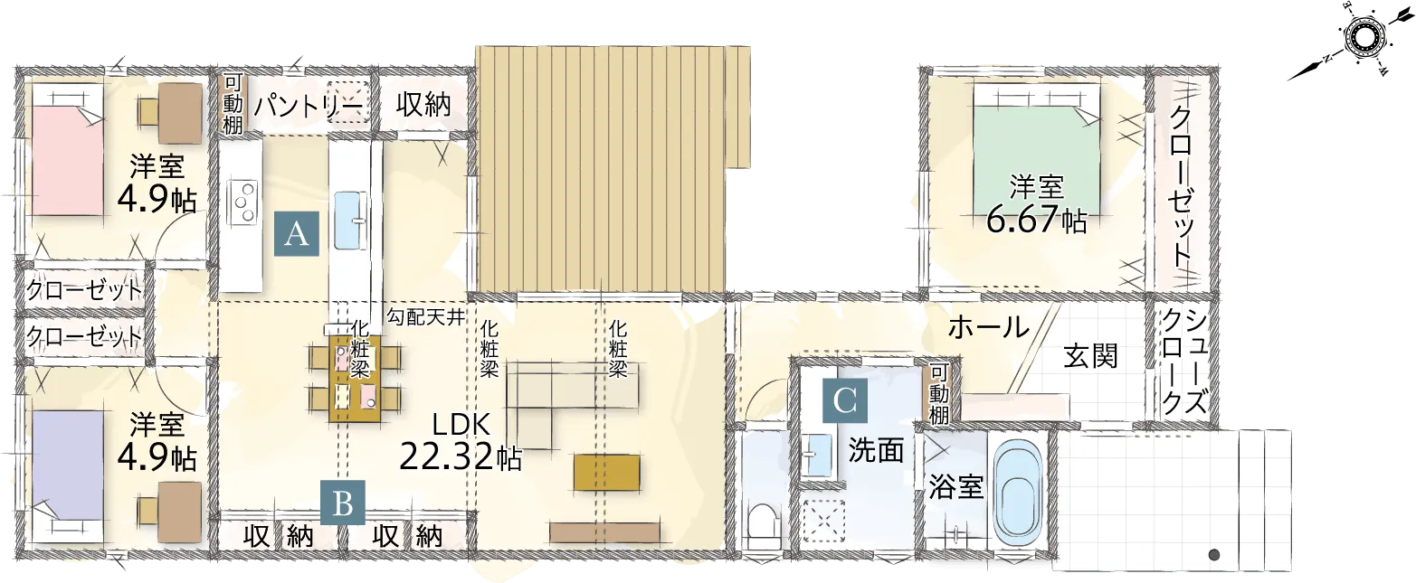 敷島住宅の平屋 平楽美屋 HIRABIYA PLAN コの字の家 01 間取り