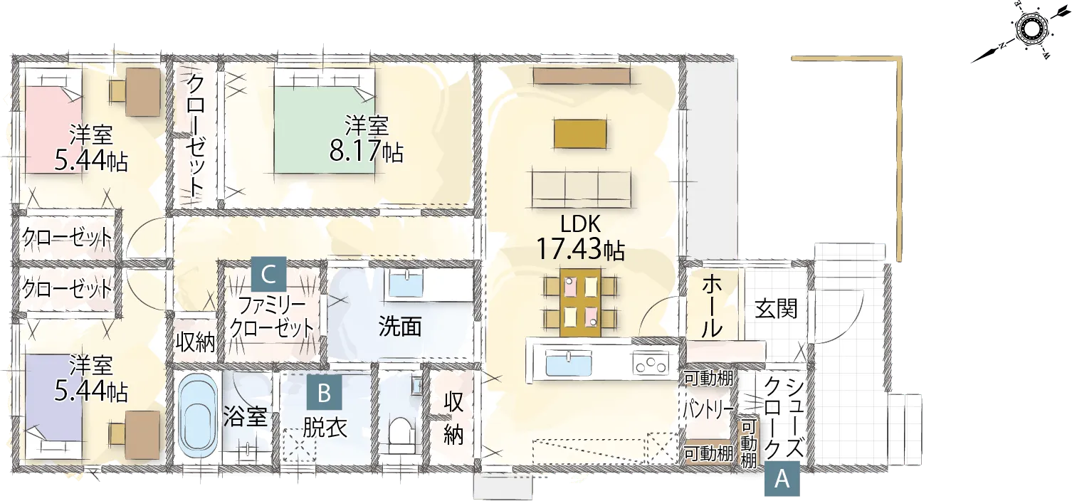 敷島住宅の平屋 平楽美屋 HIRABIYA PLAN 家事導線の家 02 間取り